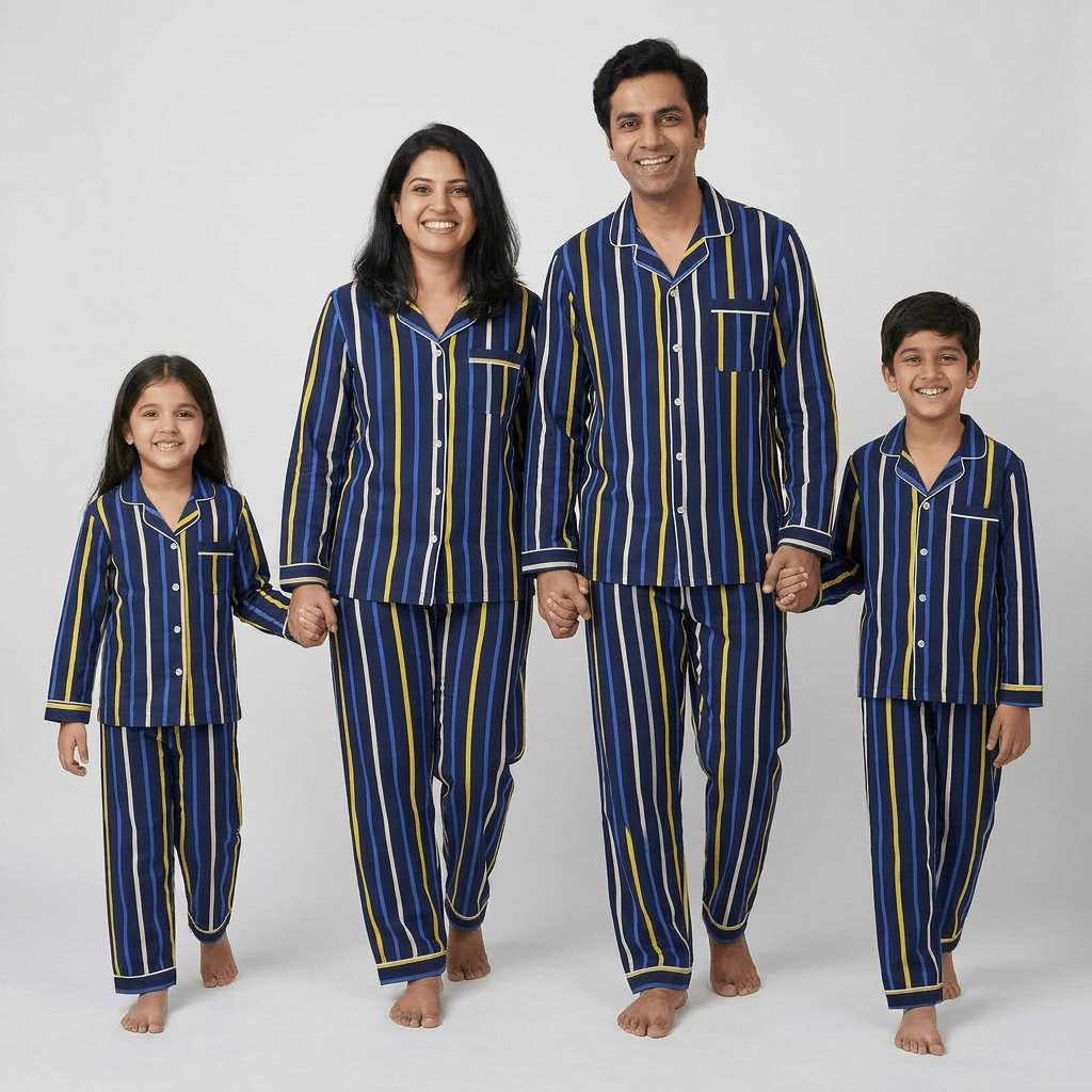 Blue and Yellow Stripes matching full-sleeve night suit for mumma, papa and the little ones, styled together