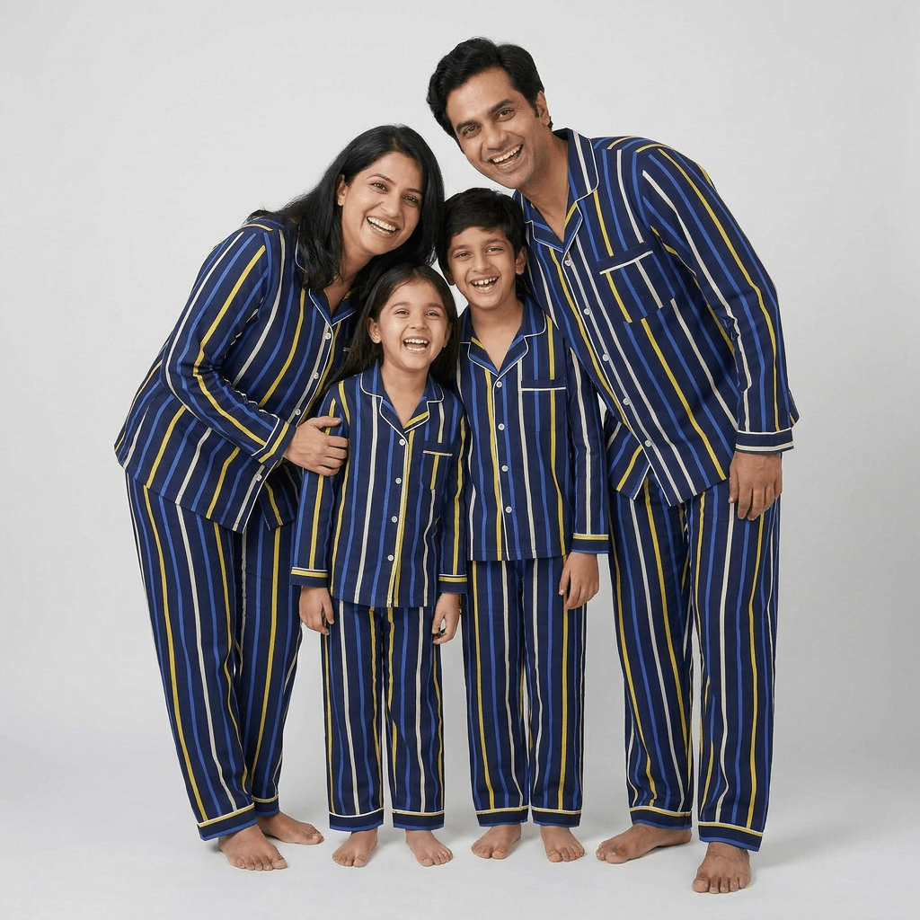 Pajama Tribe Blue and Yellow Stripes family night suit set