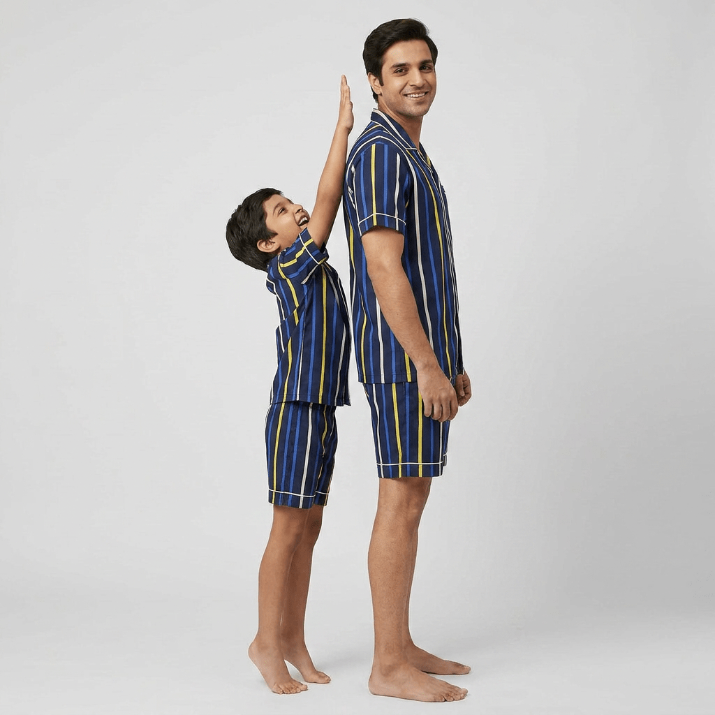 Papa and his boy in matching Blue Yellow Stripes shorts set