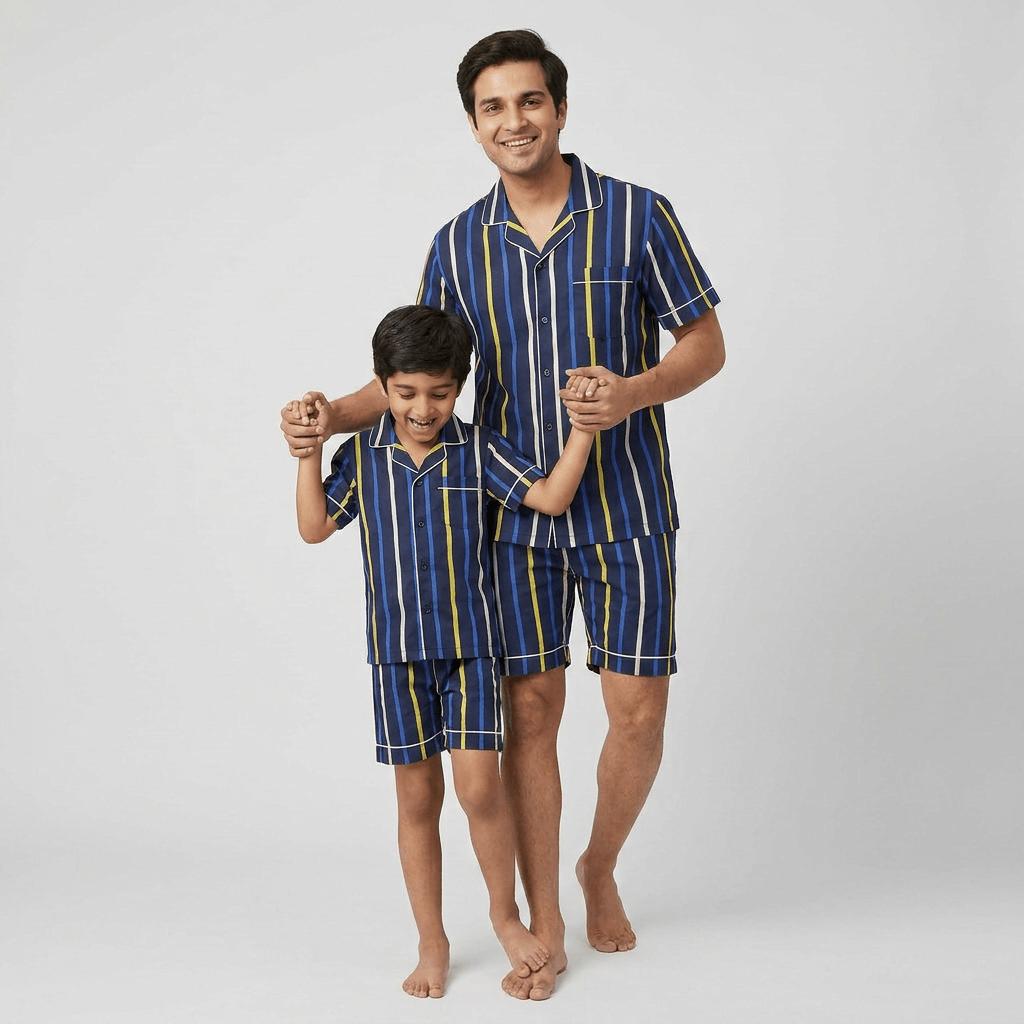 Blue Yellow Stripes dad and son matching pajamas worn together