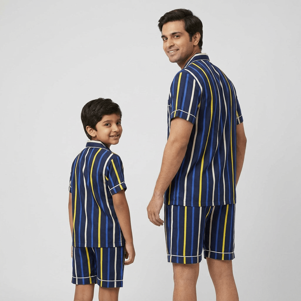 Matching Blue Yellow Stripes shorts set for dad and son