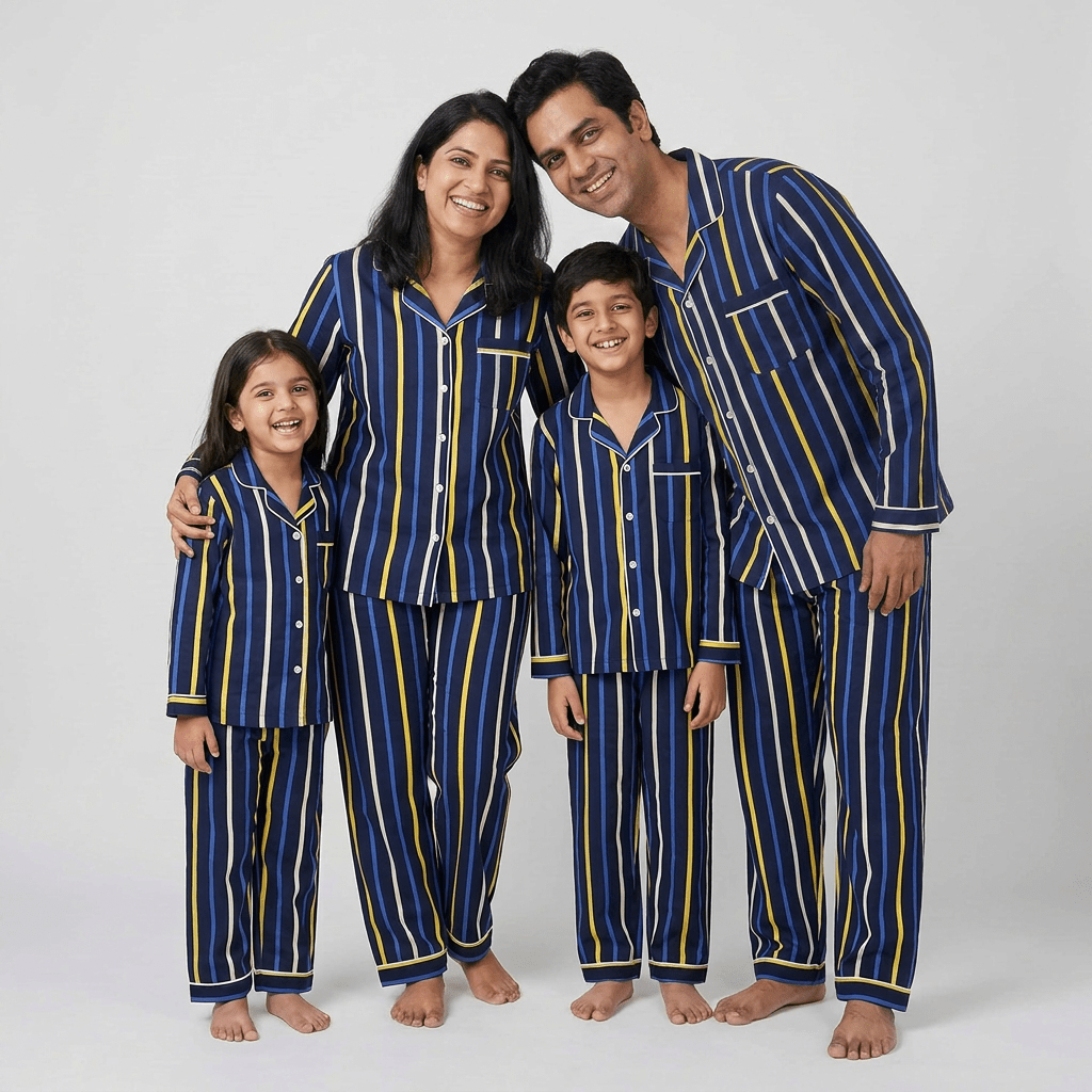The whole family in matching Blue and Yellow Stripes full-sleeve night suit