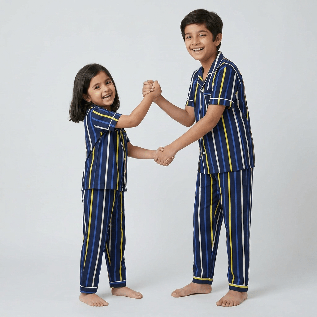 Blue and Yellow Stripes siblings matching pajamas worn together