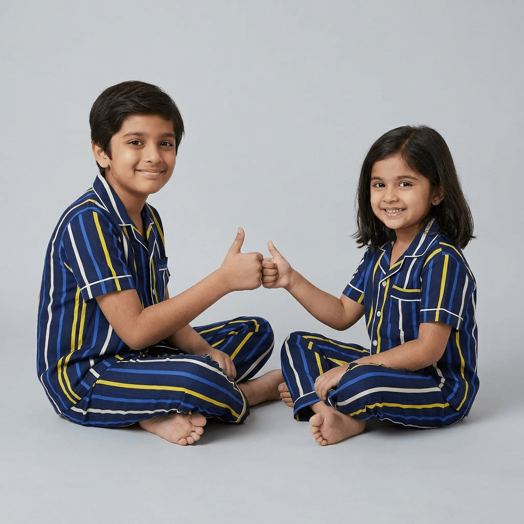 Matching Blue and Yellow Stripes half-sleeve night suit for brother and sister
