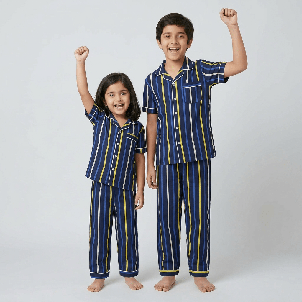 Brother and sister twinning in Blue and Yellow Stripes half-sleeve night suit by Pajama Tribe