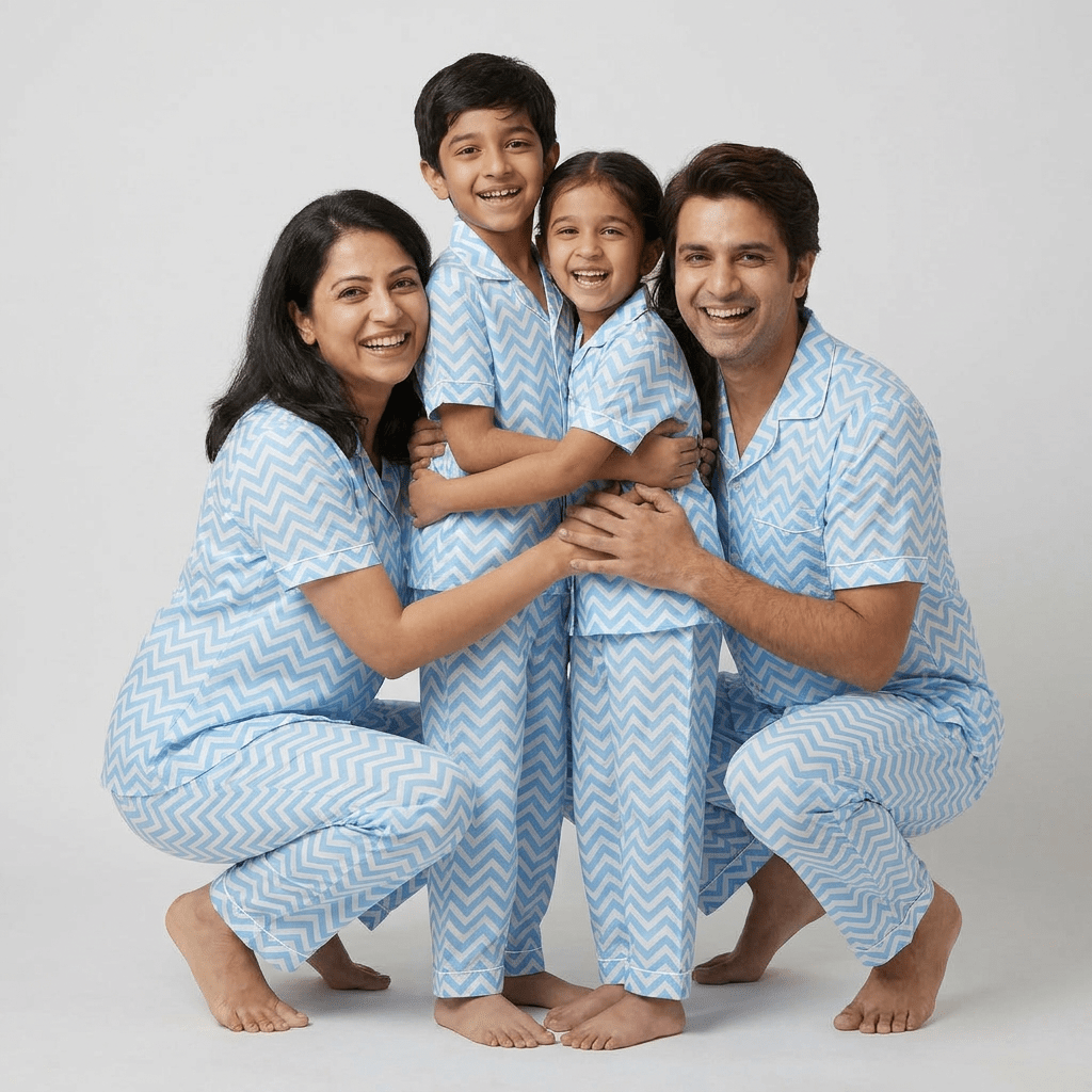 The whole family in matching Blue Zig Zag half-sleeve night suit