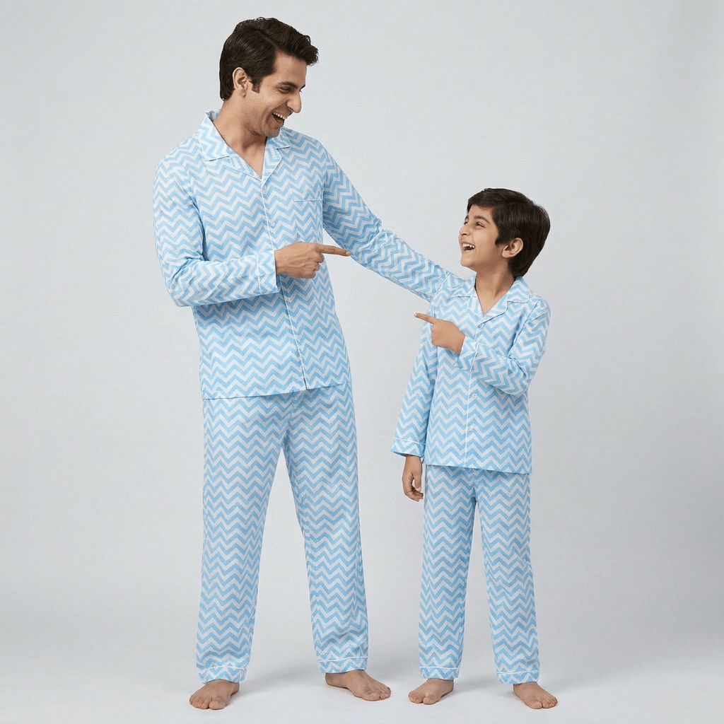 Matching Blue Zig Zag full-sleeve night suit for dad and his mini-me