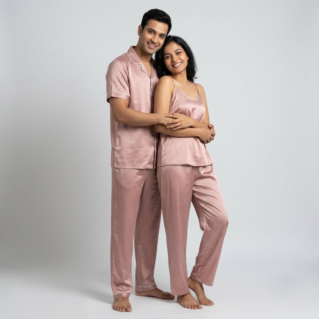The two of you twinning in Blush Pink Satin night suit by Pajama Tribe