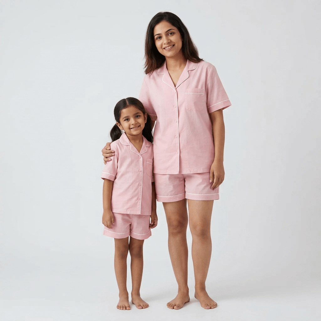 Blush Pink matching shorts set for mumma and her girl, styled together