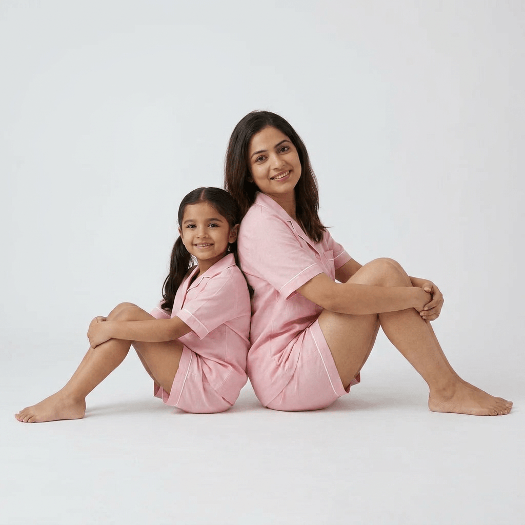 Blush Pink mother daughter night suit worn together