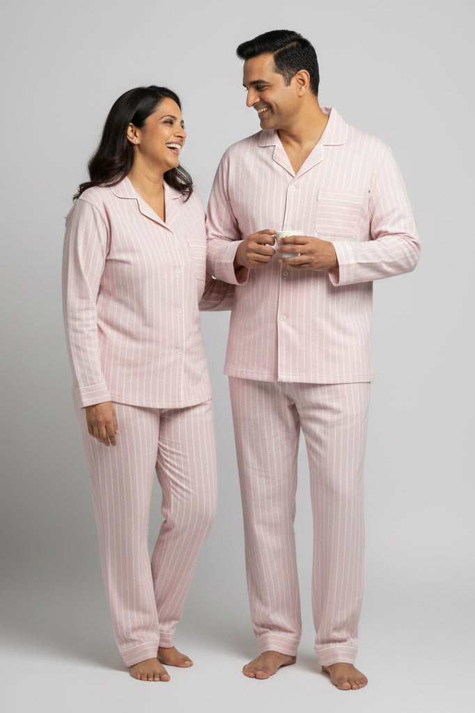 Matching couple cotton pajamas in blush pink stripe with comfort fit.