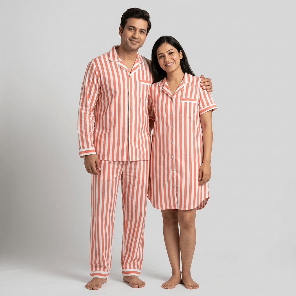 Him and her twinning in Peach Bold Stripes night suit by Pajama Tribe