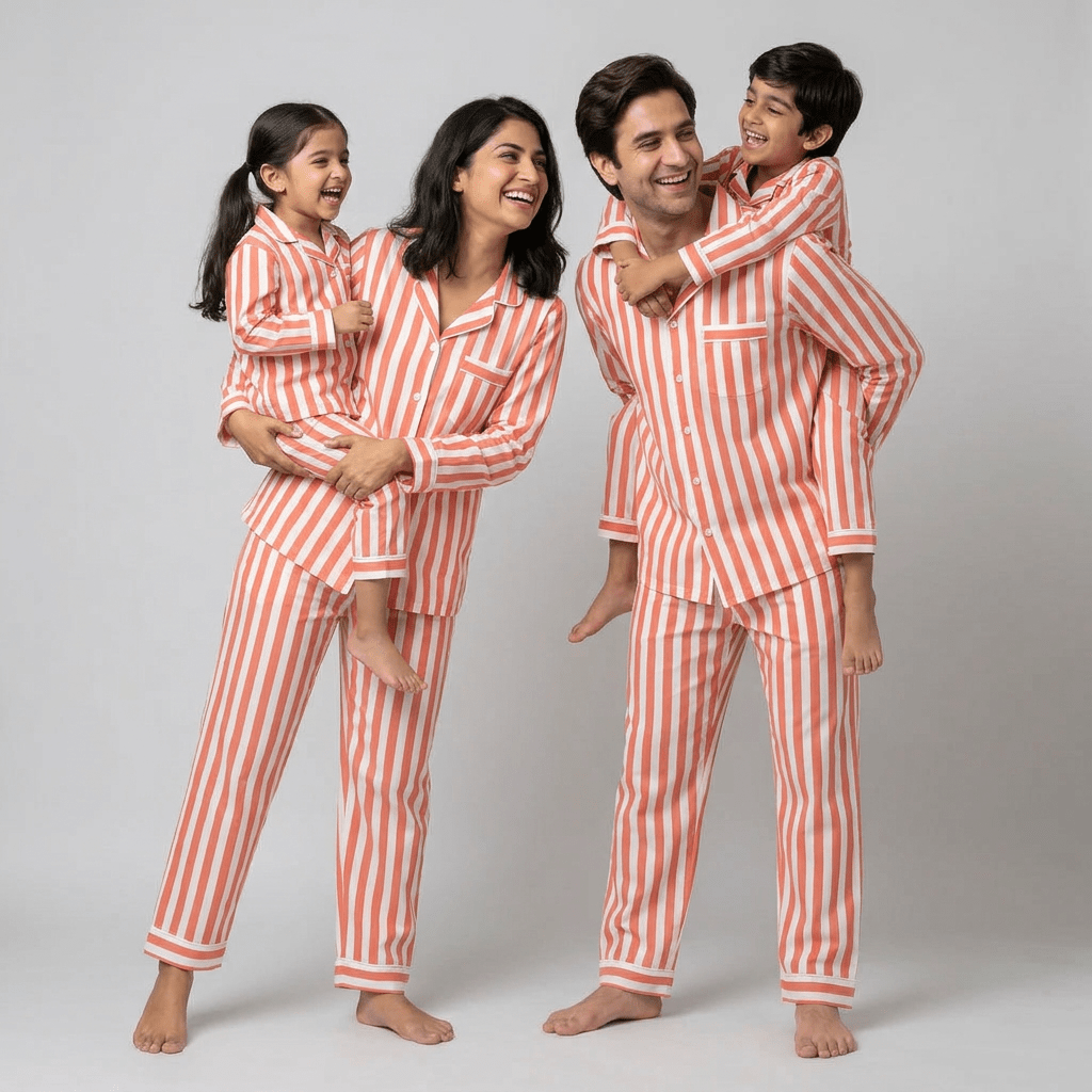 Mom, dad and the kids in matching Peach Bold Stripes full-sleeve night suit