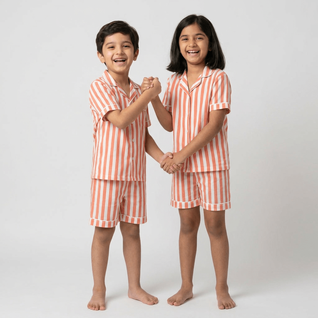 Matching Peach Bold Stripes shorts set for brother and sister