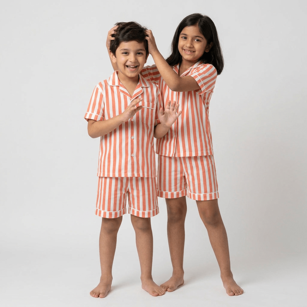 The siblings twinning in Peach Bold Stripes shorts set by Pajama Tribe