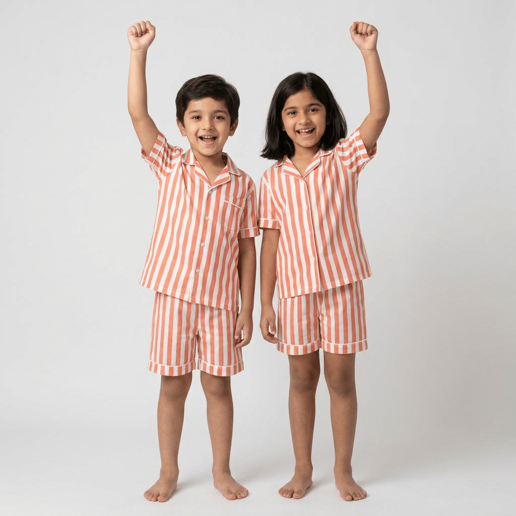 Peach Bold Stripes matching shorts set for bro and sis, styled together
