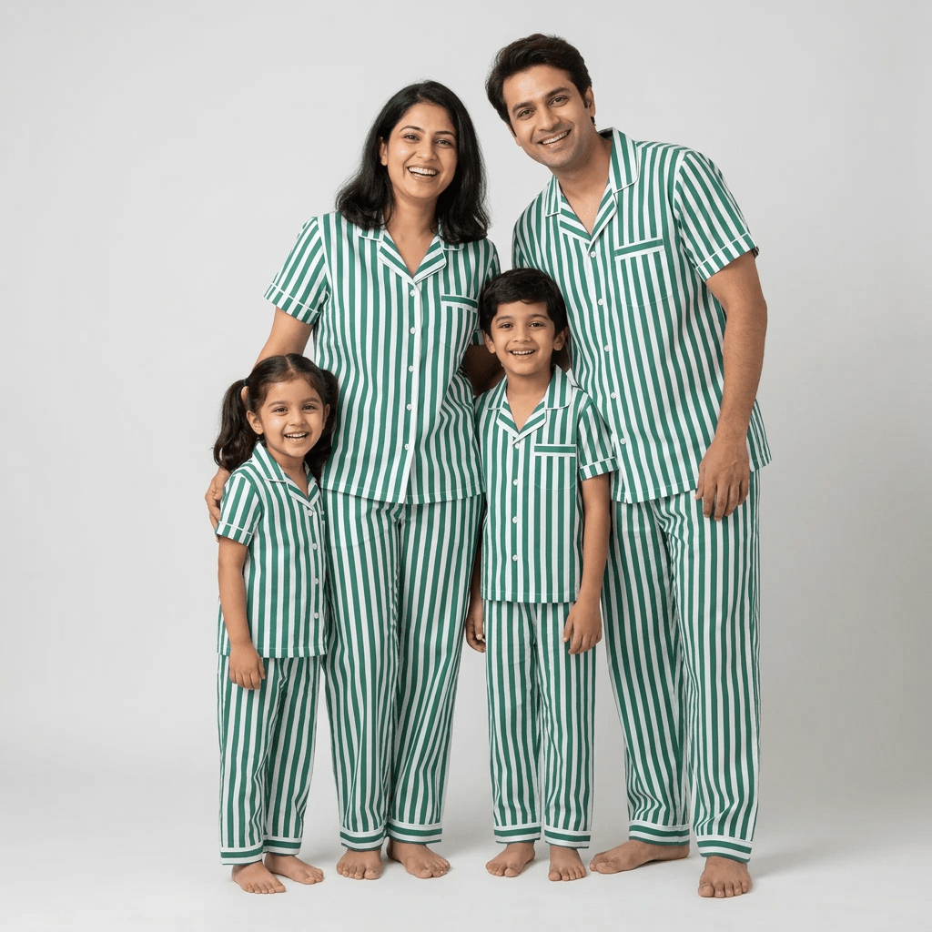 Parents and kids in matching Green Bold Stripes half-sleeve night suit