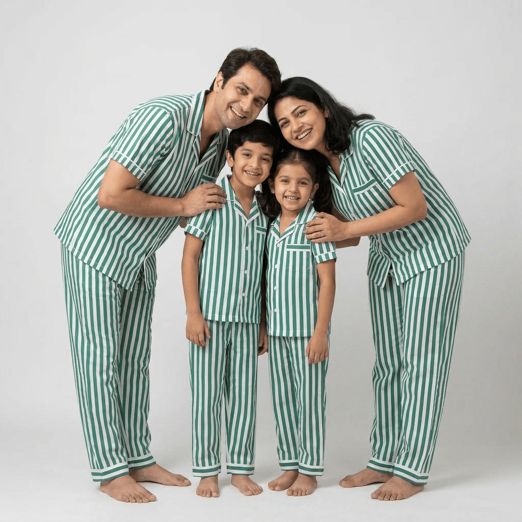Green Bold Stripes family matching nightwear worn together