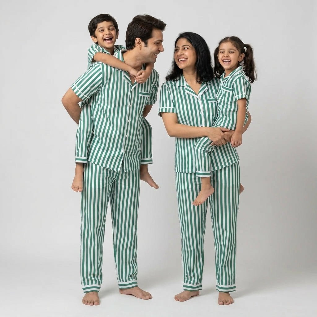 Matching Green Bold Stripes half-sleeve night suit for parents and kids