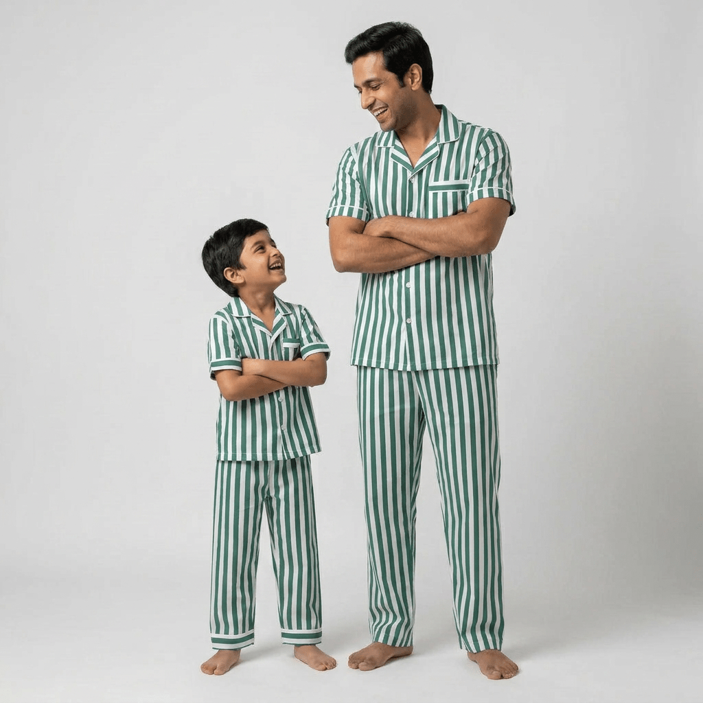 Dad and son twinning in Green Bold Stripes half-sleeve night suit by Pajama Tribe