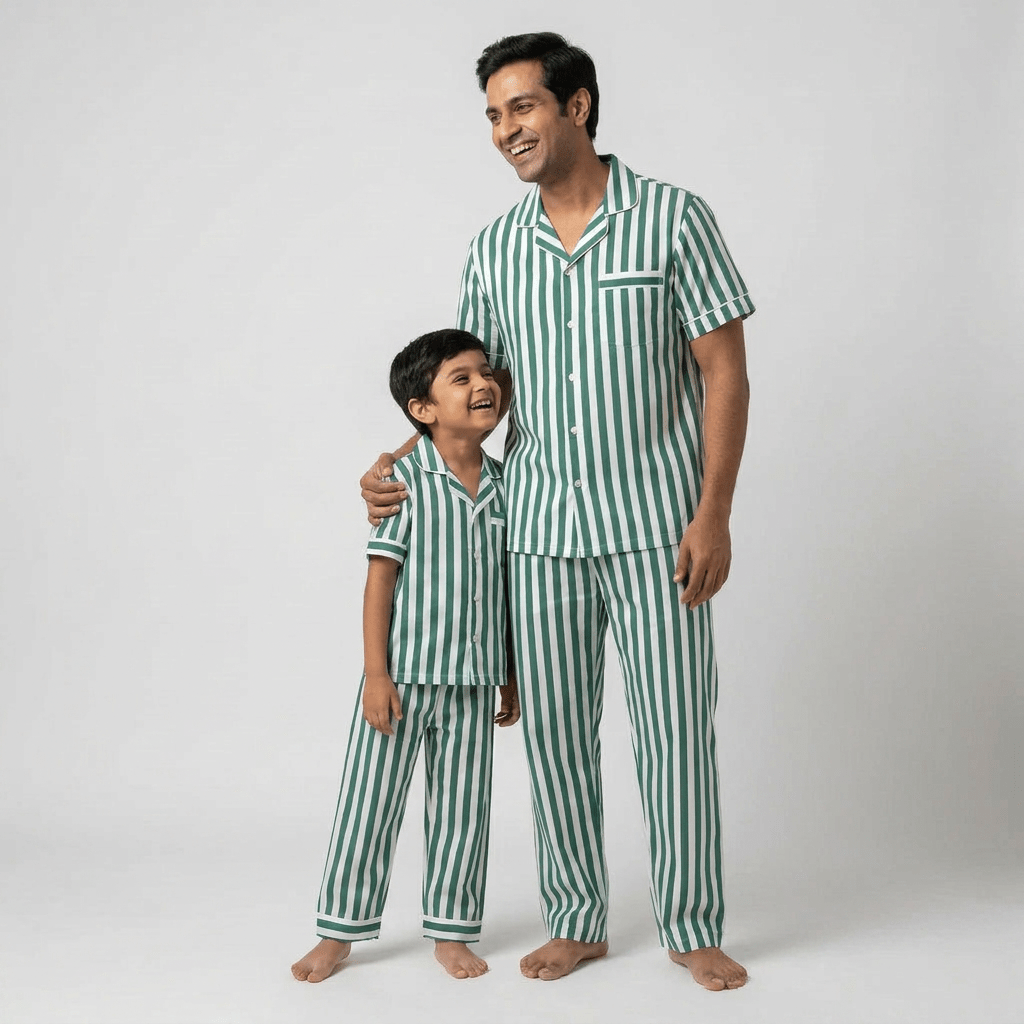 Green Bold Stripes matching half-sleeve night suit for dad and his mini-me, styled together