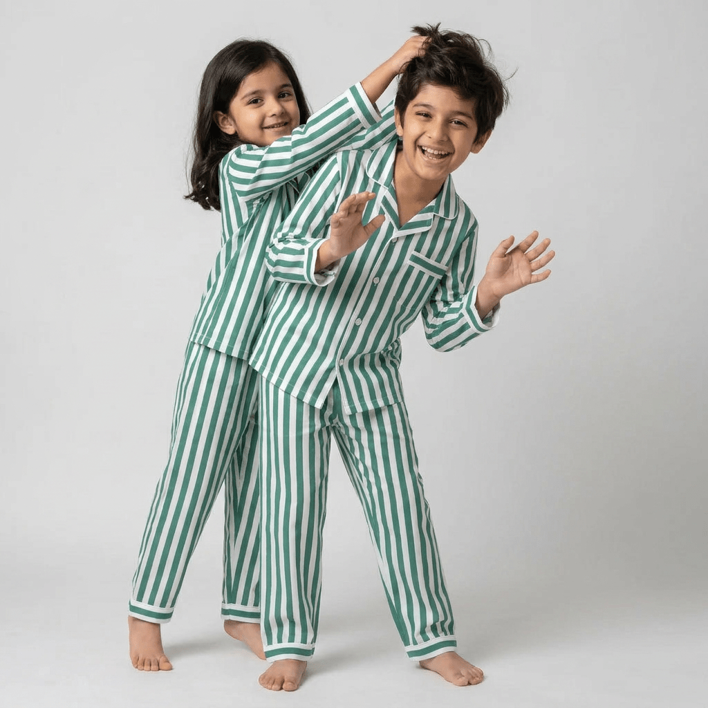Brother and sister twinning in Green Bold Stripes full-sleeve night suit by Pajama Tribe