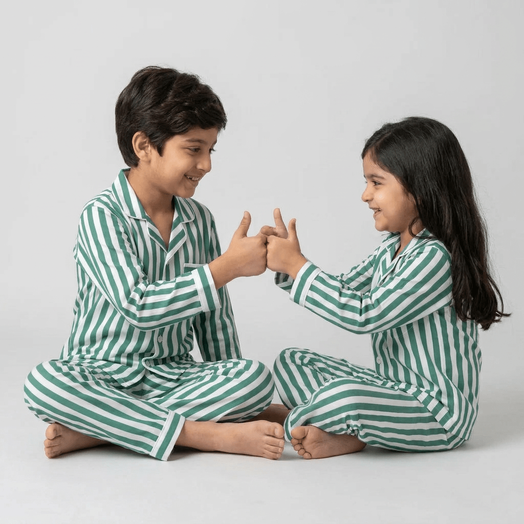 Green Bold Stripes matching full-sleeve night suit for the siblings, styled together