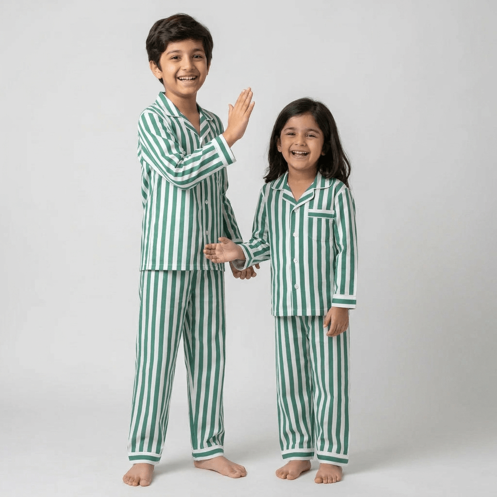 Bro and sis in matching Green Bold Stripes full-sleeve night suit