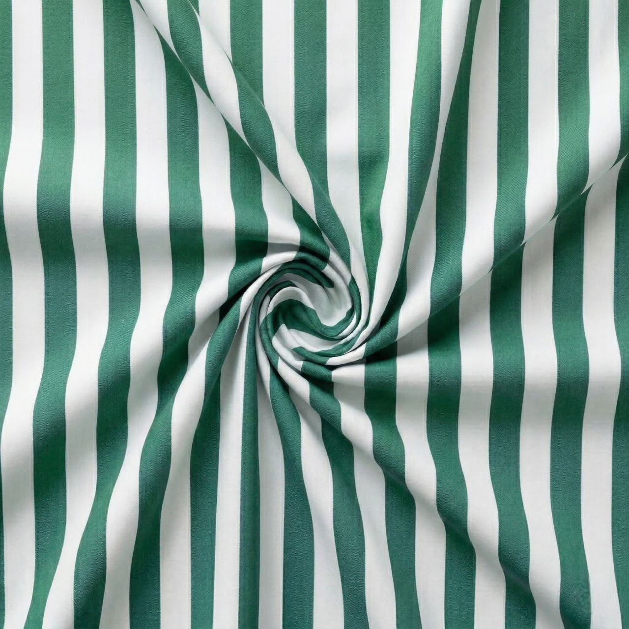 Green and white striped fabric in a swirl pattern