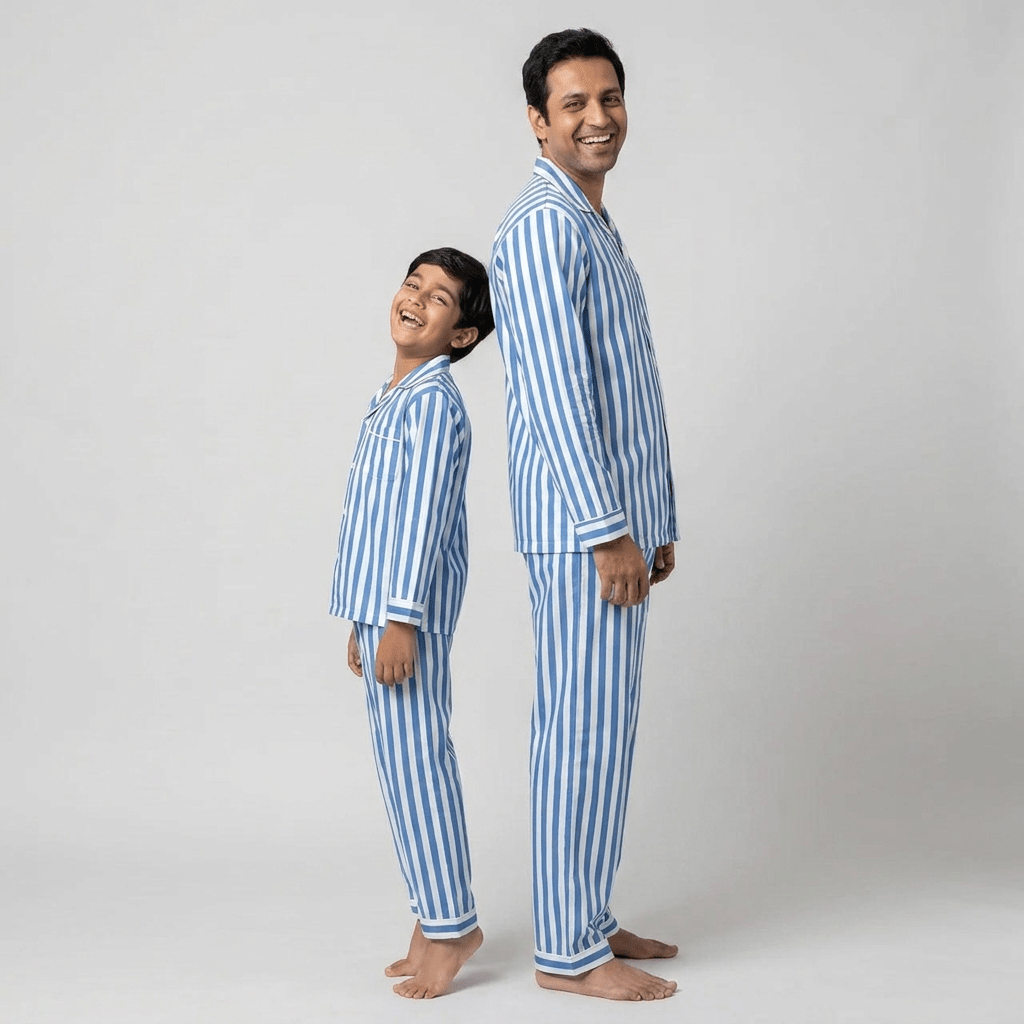 Dad and his mini-me in matching Indigo Blue Stripes full-sleeve night suit