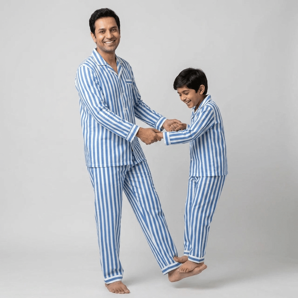 Matching Indigo Blue Stripes full-sleeve night suit for dad and son