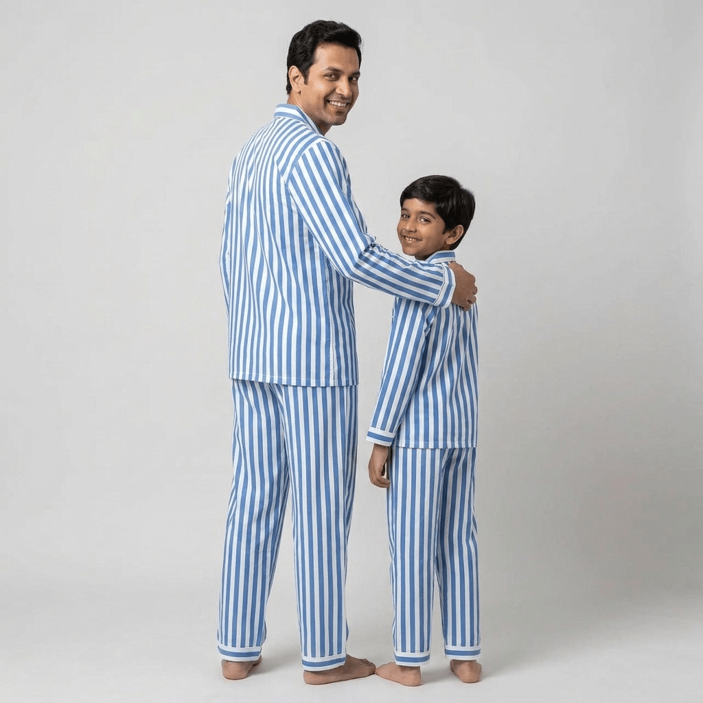 Dad and son twinning in Indigo Blue Stripes full-sleeve night suit by Pajama Tribe