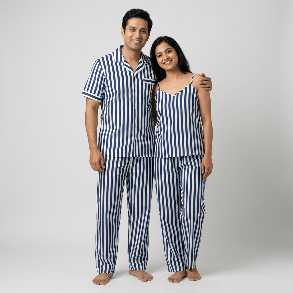 Him and her twinning in Navy Blue Bold Stripes night suit by Pajama Tribe