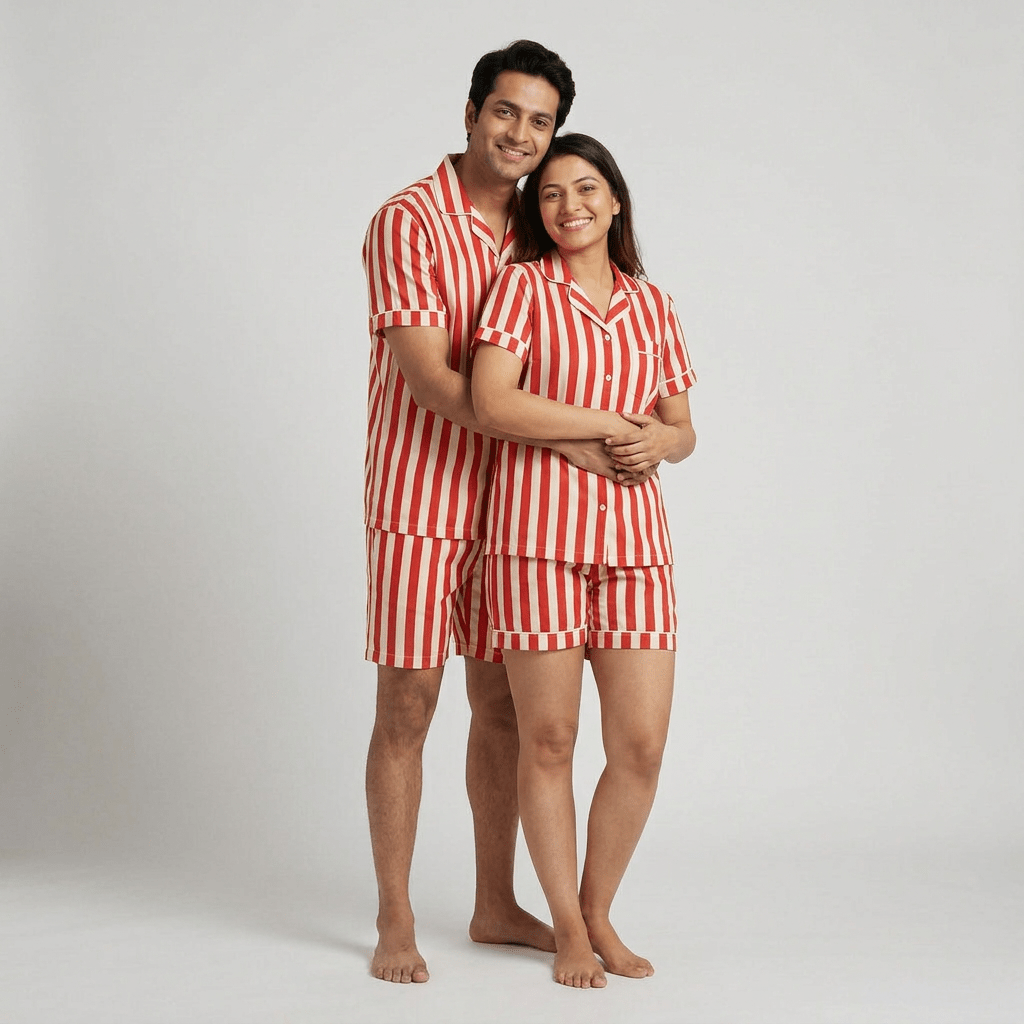 Husband and wife twinning in Bold Red Stripe night suit by Pajama Tribe