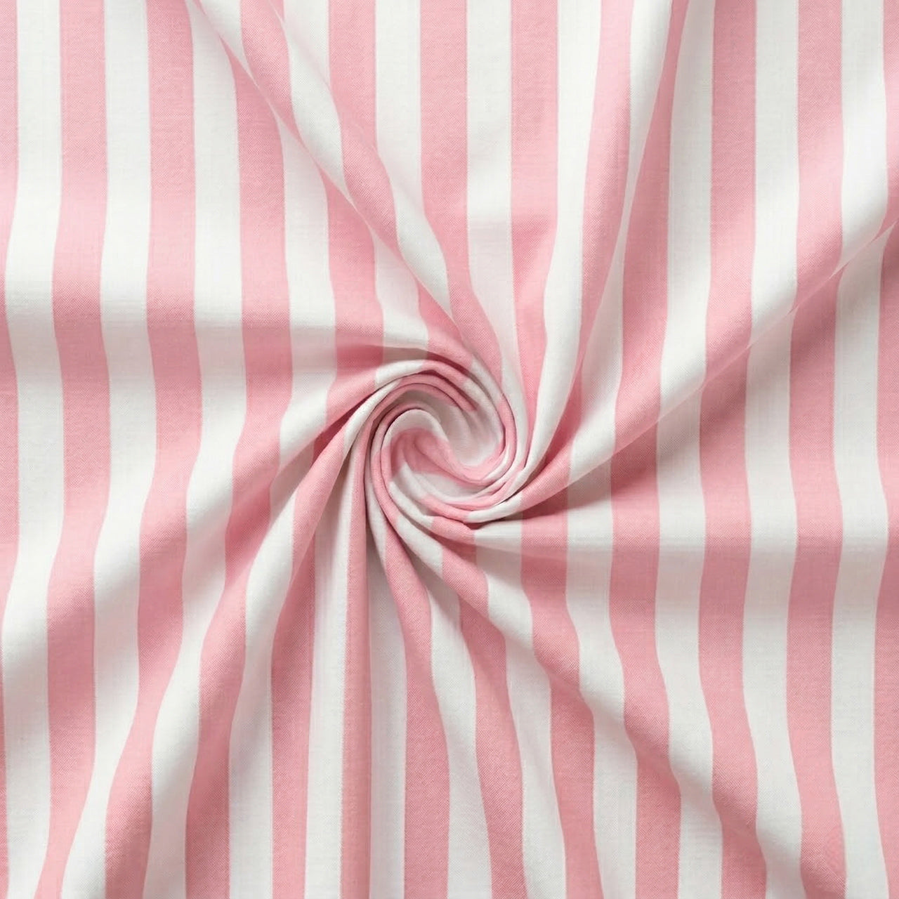 Pink and white striped fabric in a swirl pattern