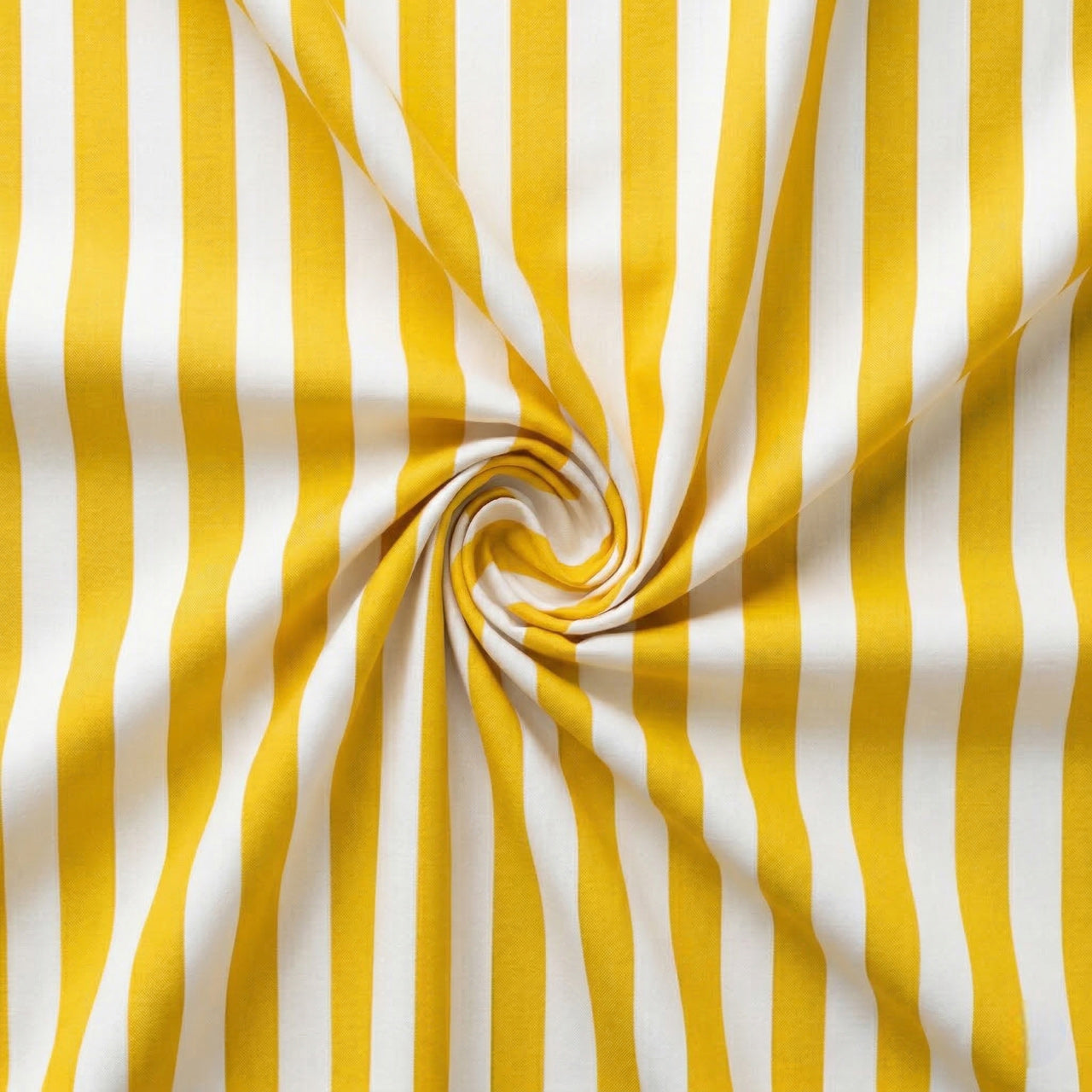 Yellow and white striped fabric in a swirl pattern