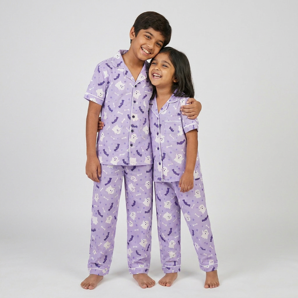 The siblings in matching Boo Crew half-sleeve night suit