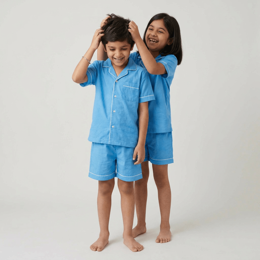 Brother and sister twinning in Bright Blue shorts set by Pajama Tribe