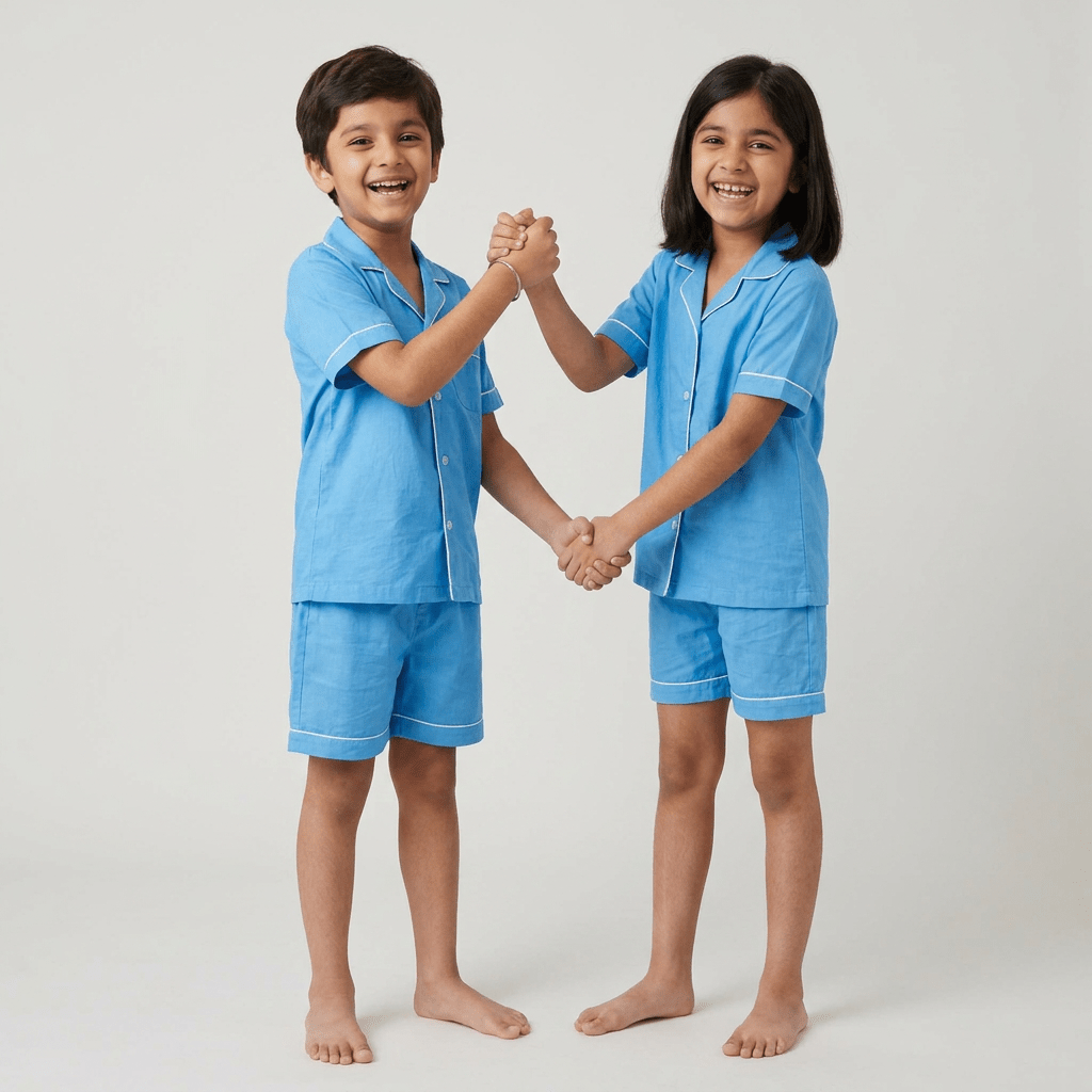 Bright Blue matching shorts set for bro and sis, styled together
