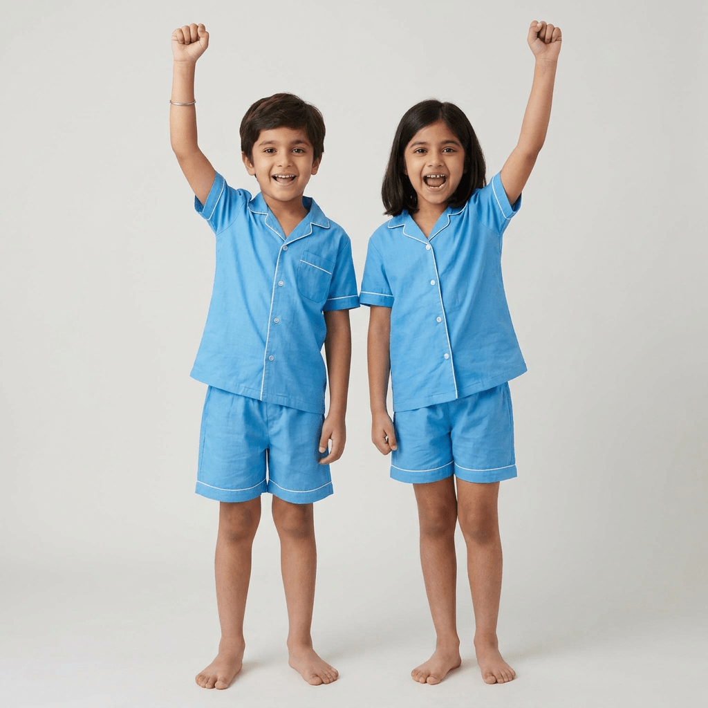 Matching Bright Blue shorts set for big sib and little sib