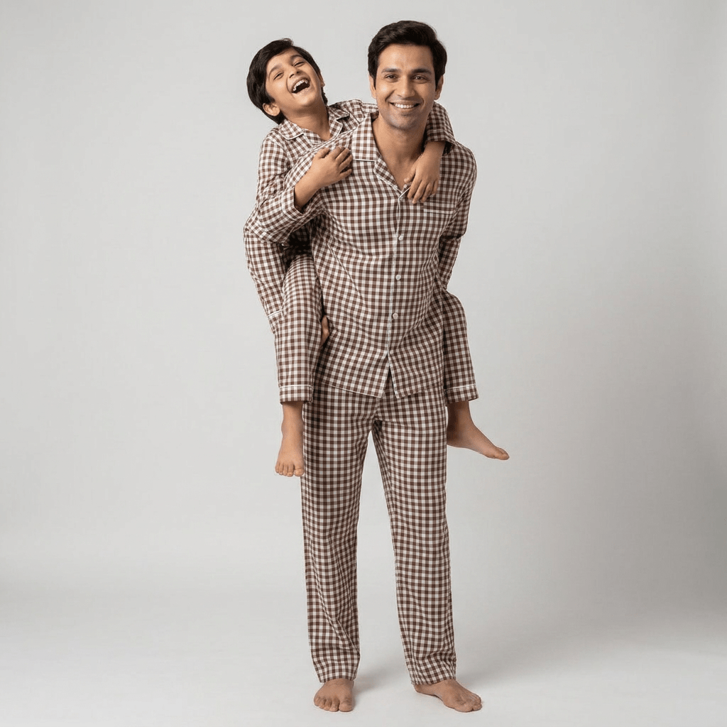 Dad and his mini-me twinning in Brown Gingham full-sleeve night suit by Pajama Tribe