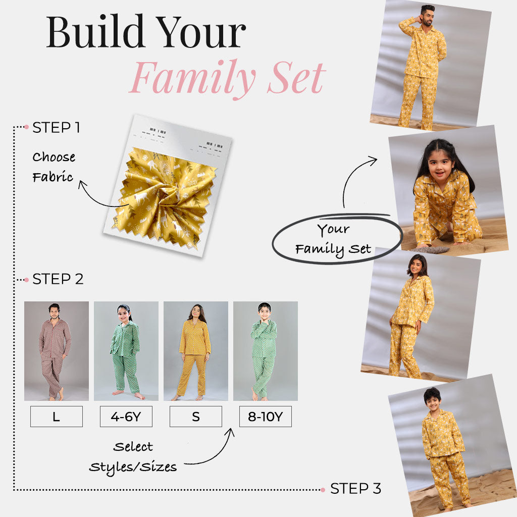Collage of family matching outfits with step-by-step guide on fabric choice and size selection.