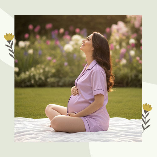Pregnant woman in a pink night suit sitting on a blanket in a garden with flowers.