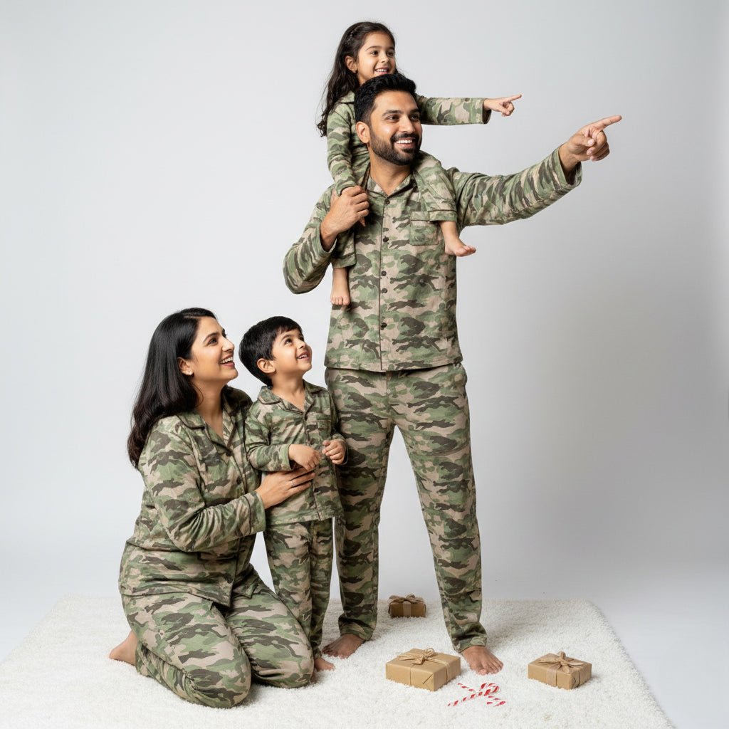 Mom, dad and the kids in matching Camouflage Flannel full-sleeve night suit