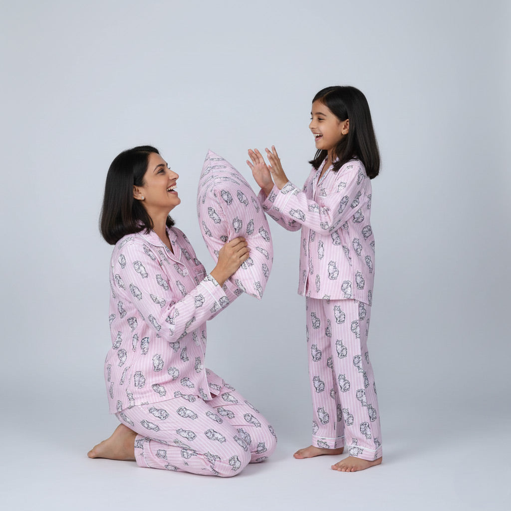 Mother and daughter in Cat Lines matching pajama set, minimalist coordinated cat print.