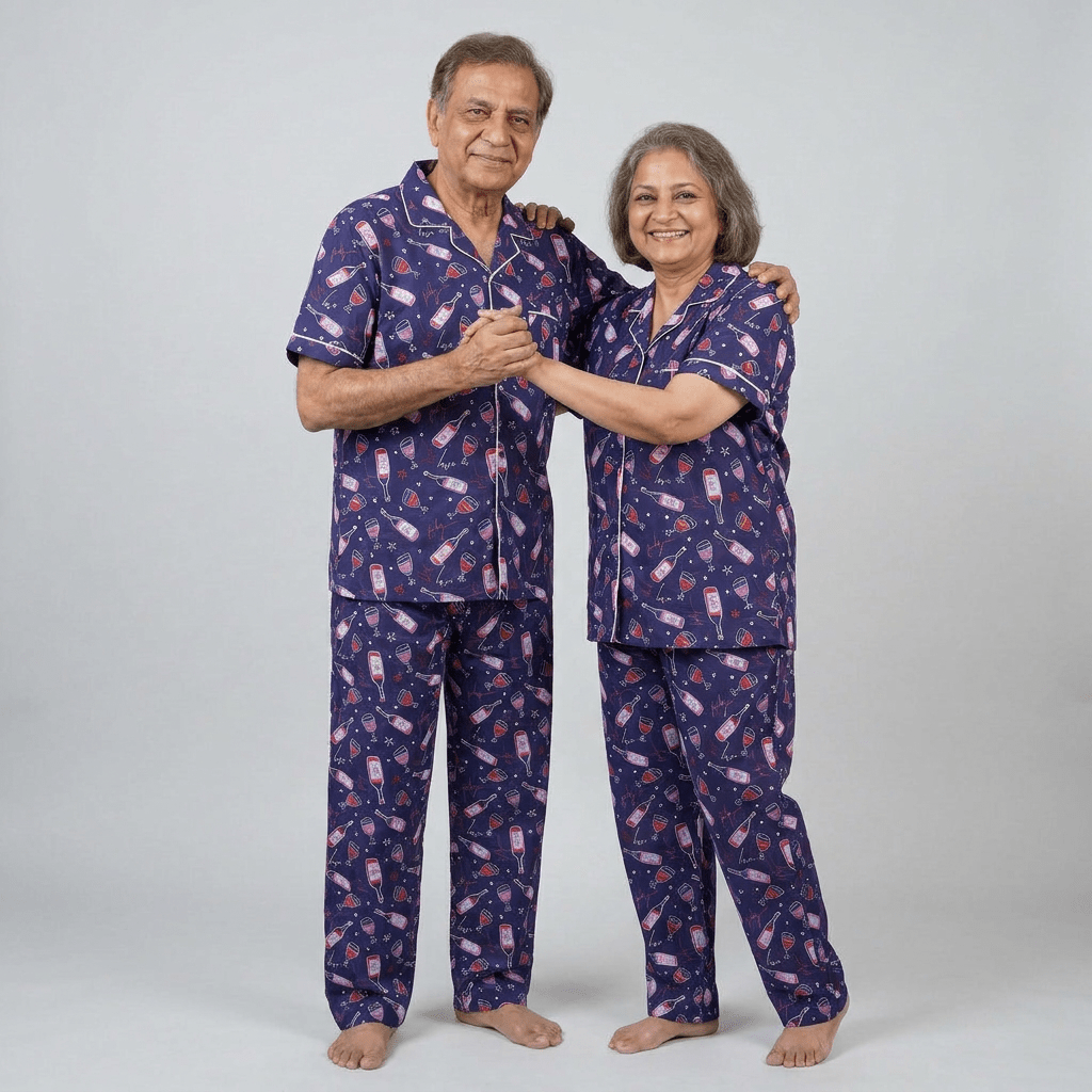 Celebrations matching half-sleeve night suit for dada and dadi, styled together