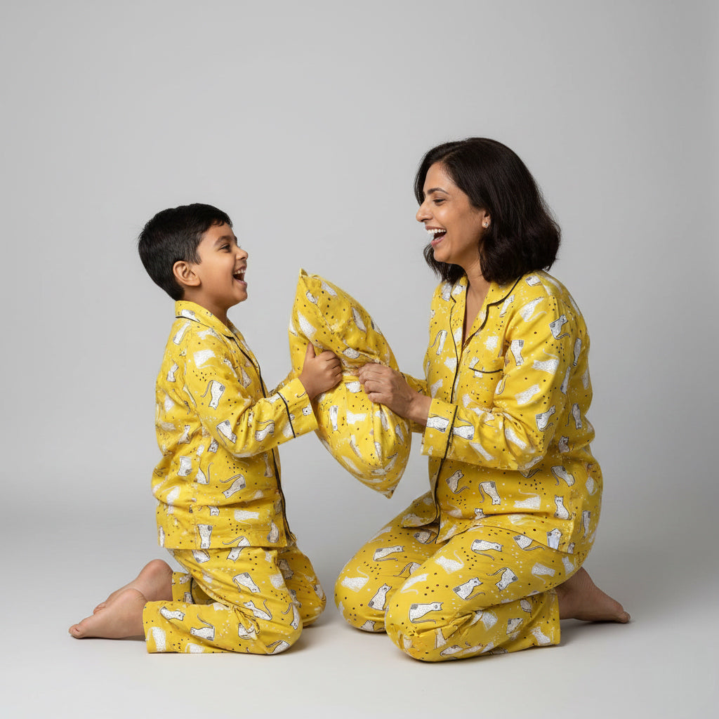 Mother and son in Cheetah Tribe matching pajamas, bold animal print coordinated sleepwear.