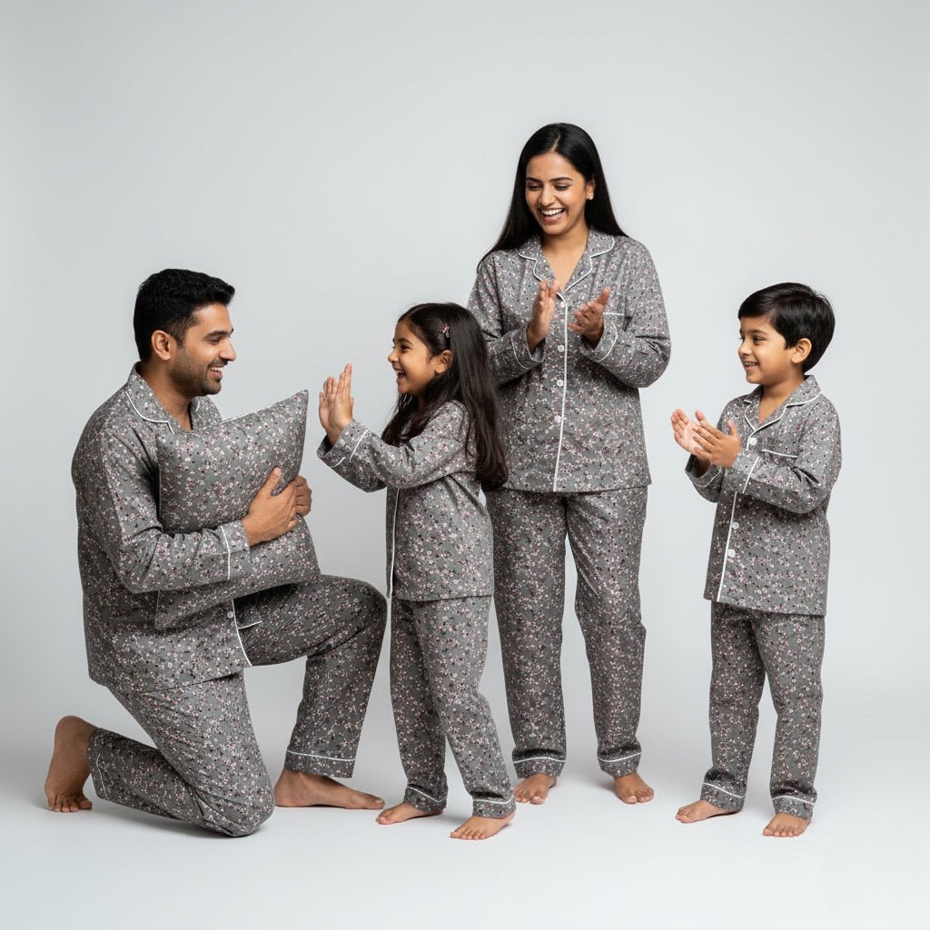 Family wearing cherry blossom matching pajamas, soft floral coordinated set.