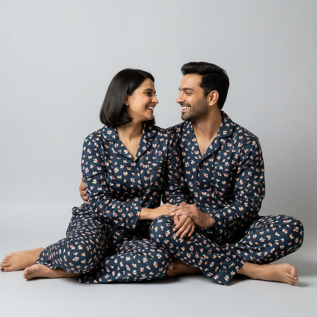 Couple wearing cherry print matching pajamas, sweet coordinated nightwear.