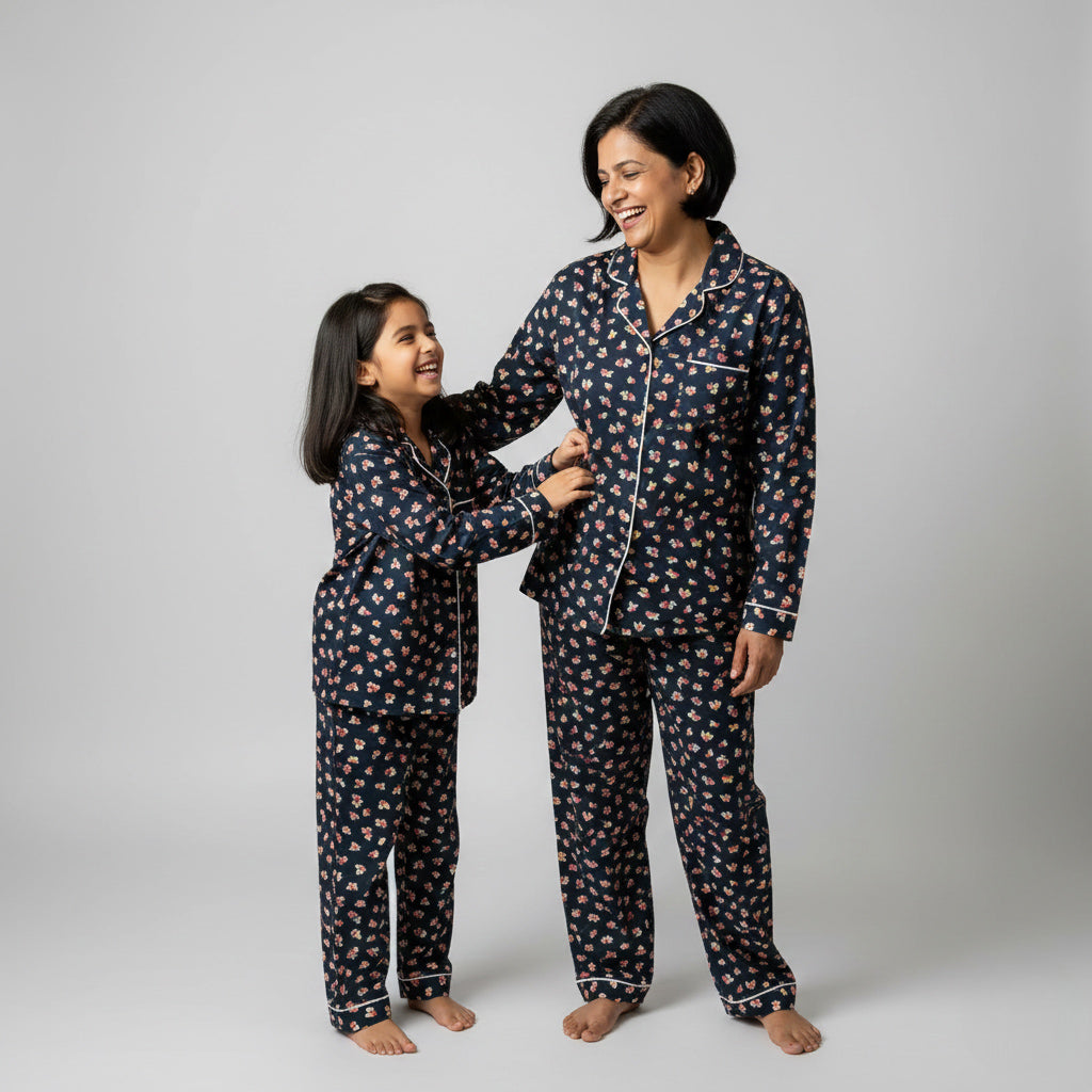 Mother and daughter wearing cherry print matching pajamas, smiling together in coordinated nightwear.